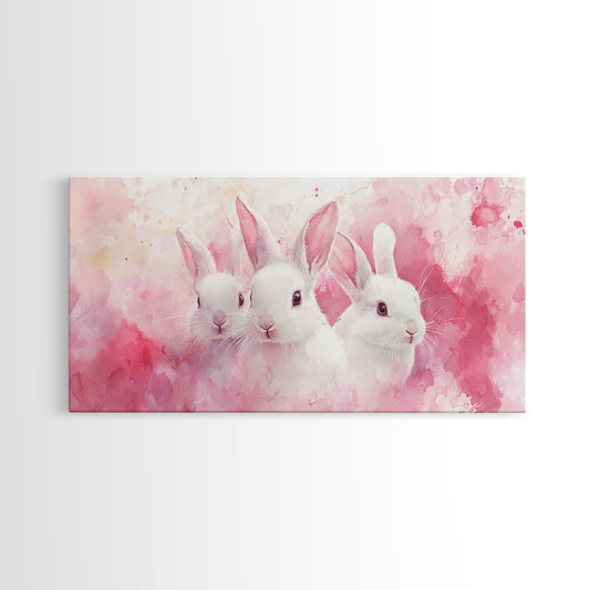 Three Bunnies Canvas Print, Adorable Pink Abstract Art Featuring Rabbits, Whimsical Nursery Wall Decor or Easter Themed Art