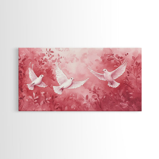 Three White Birds Watercolor Framed Canvas Print, Bird Art in Soft Pink Tones, Whimsical Light Pink Wall Art, Cottagecore Home Decor