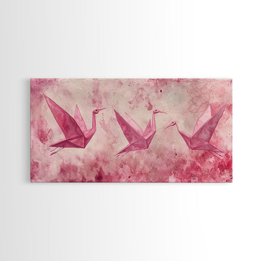 Origami Birds Canvas Print | Whimsical Pink Wall Art | Minimalist Framed Canvas Print | Cottagecore Decor | Above Sofa Art