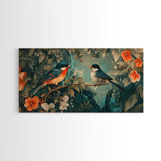 Romantic Bird Pair Canvas Print Vibrant Floral Bird Art Nature Wall Art Cottagecore Botanical Prints Whimsical Rustic Home Decor