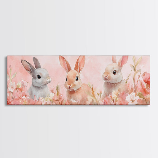 Bunny Trio Cottagecore Canvas Print, Whimsical Rabbit Art in Pink Floral Field, Cottagecore Decor, Farmhouse Wall Art, Spring Art