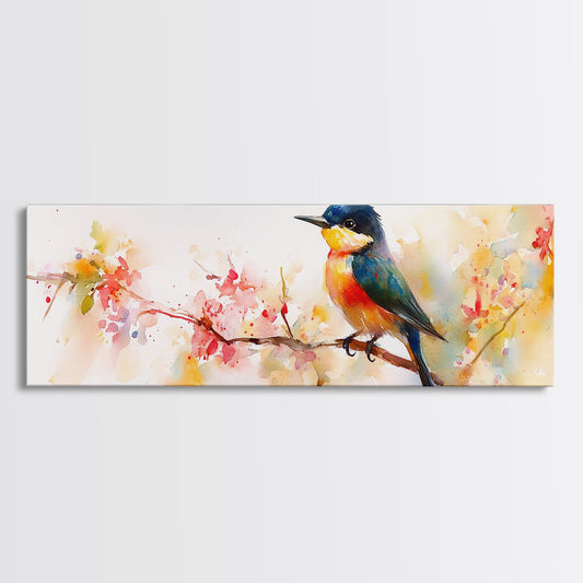 Vibrant Kingfisher Framed Canvas Print Cherry Blossom Bird Art Whimsical Watercolor Nature Decor Above Bed or Sofa Guest Room Art