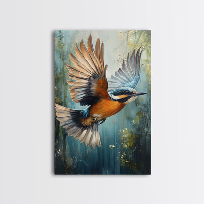 Blue Kingfisher Bird Canvas Print | Vibrant Nature Painting Wall Art | Wildlife Rustic Art Above Sofa | Whimsical Bird Original Artwork