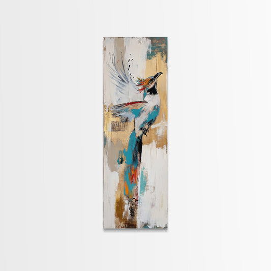 Abstract Bird, bird art, whimsical art, blue and green wall art, cottagecore wall art, framed canvas print, tall skinny art