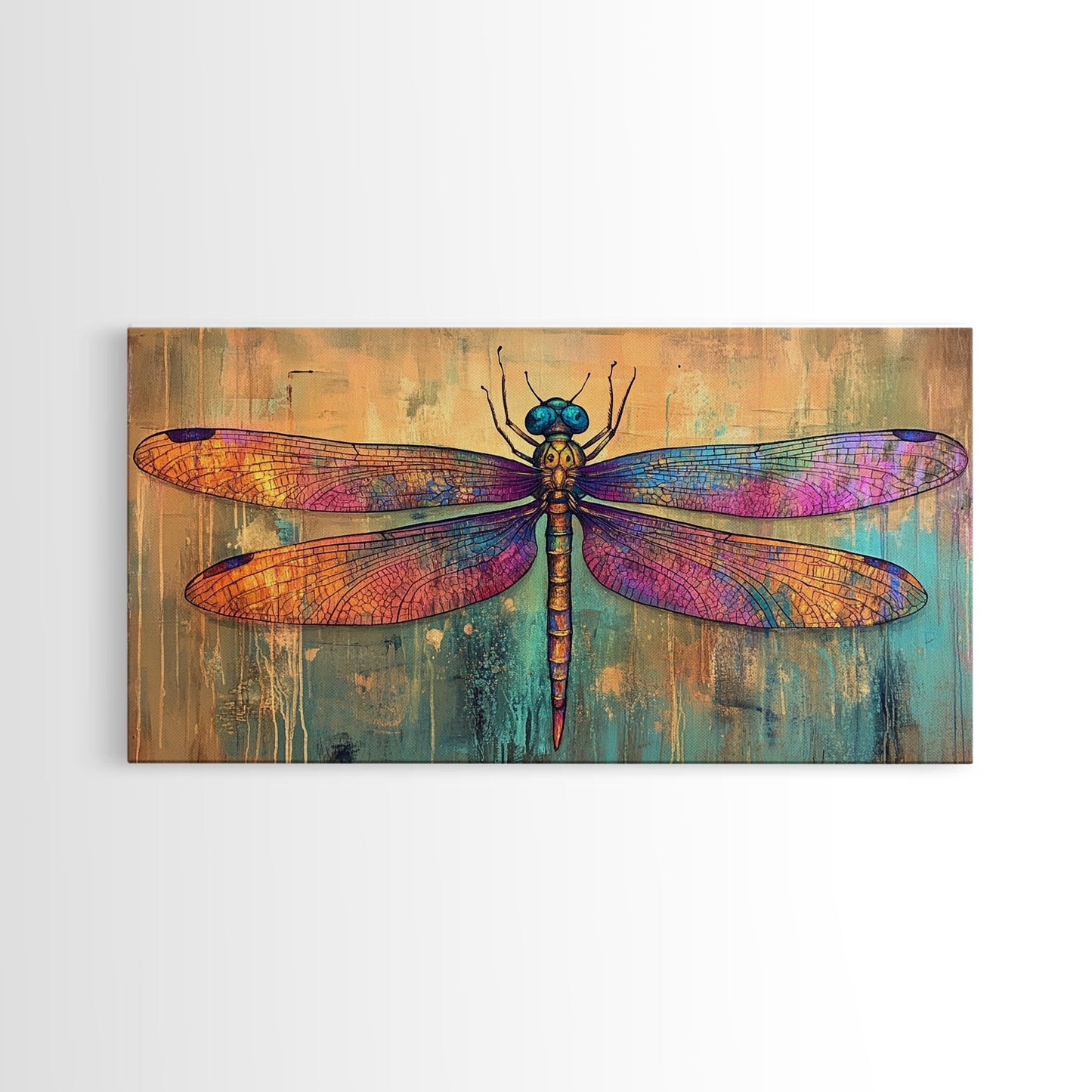 Dragonfly Art, Whimsical Art, Sacred Geometry Wall Art, Teal Wall Art, Blue and Green Wall Art, Nature Art, Canvas Print, Botanical Prints