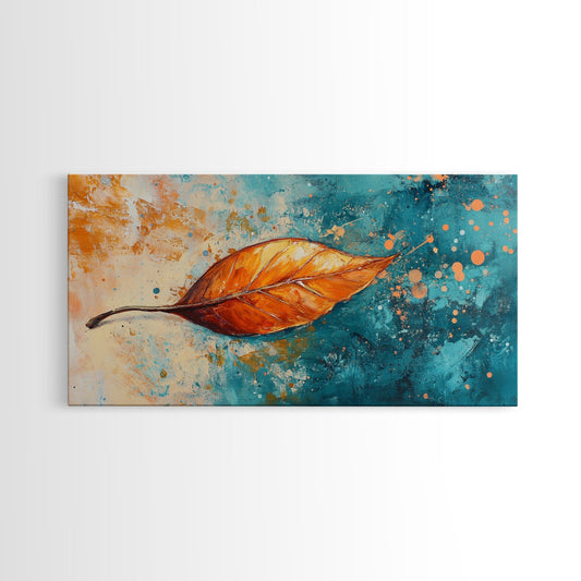 Autumn Leaf, fall painting, teal wall art, botanical prints, moody art, textured painting, gift idea for her, Canvas Print
