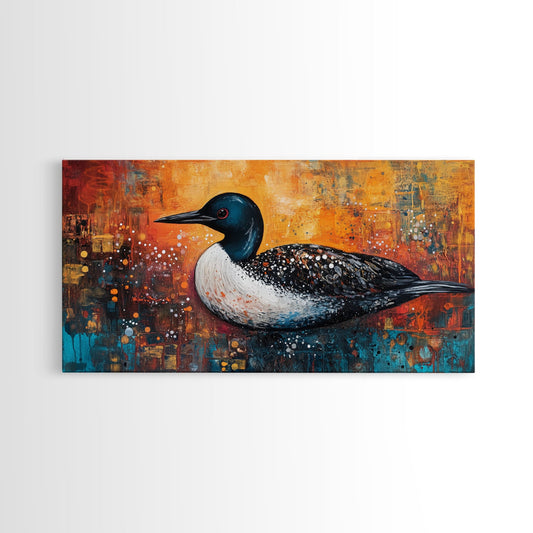 Loon Bird Painting, bird art, wildlife art, nature painting, teal wall art, framed canvas print, lake decor, rustic wall art