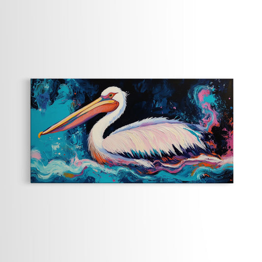 Bird art, pelican painting, framed canvas print, coastal decor, extra wide art, tropical painting, colorful abstract wall art