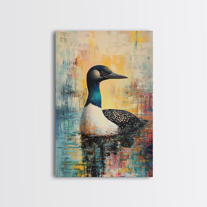 Loon Painting, bird art, blue and green wall art, moody art, gift idea for him, rustic decor, Framed Canvas Print, above couch art