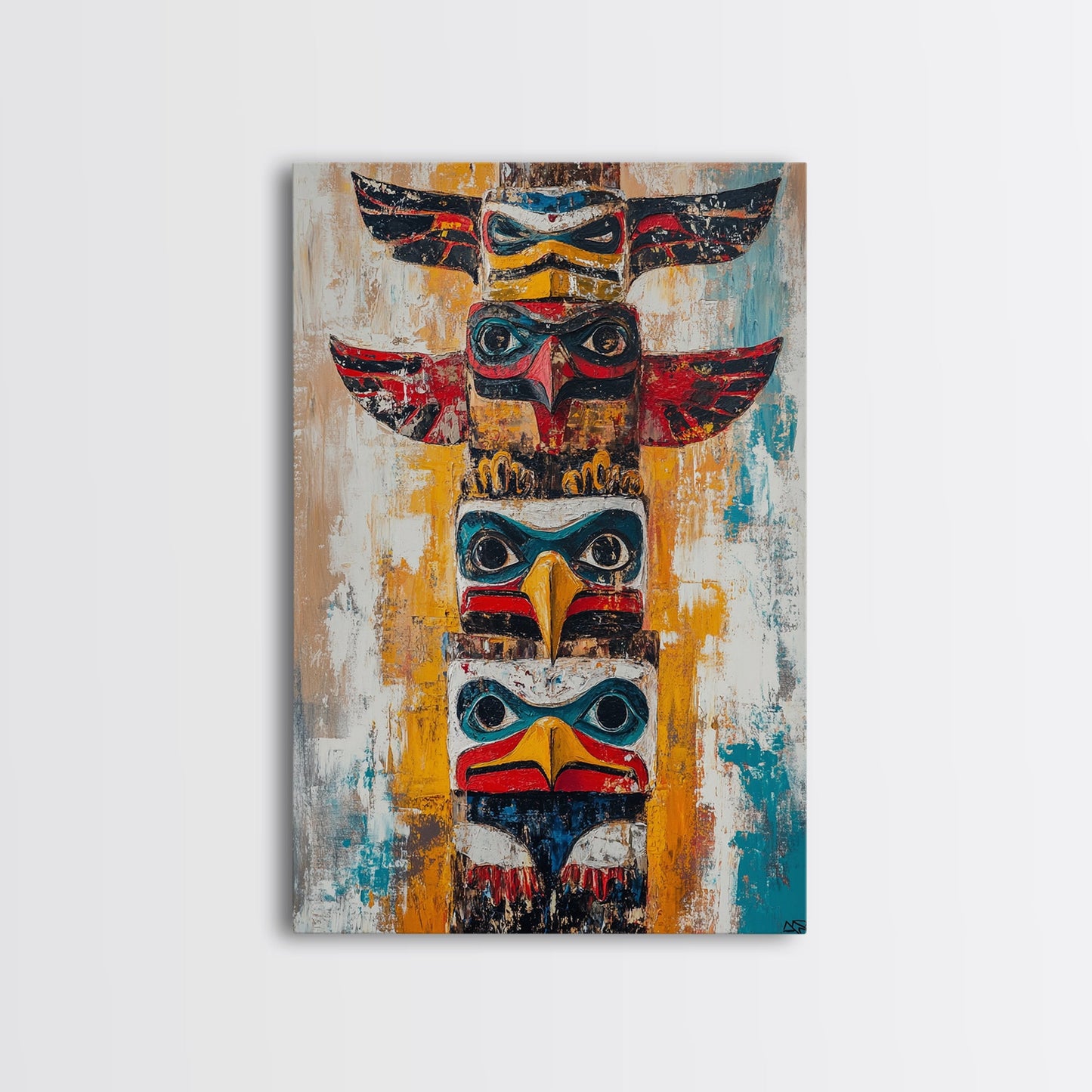 Totem Pole Art Framed Canvas Print Rustic Wall Decor Native American Art Tribal Home Decor Lodge Artwork Cabin Wall Art Southwest Boho
