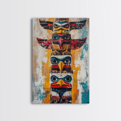 Totem Pole Art Framed Canvas Print Rustic Wall Decor Native American Art Tribal Home Decor Lodge Artwork Cabin Wall Art Southwest Boho