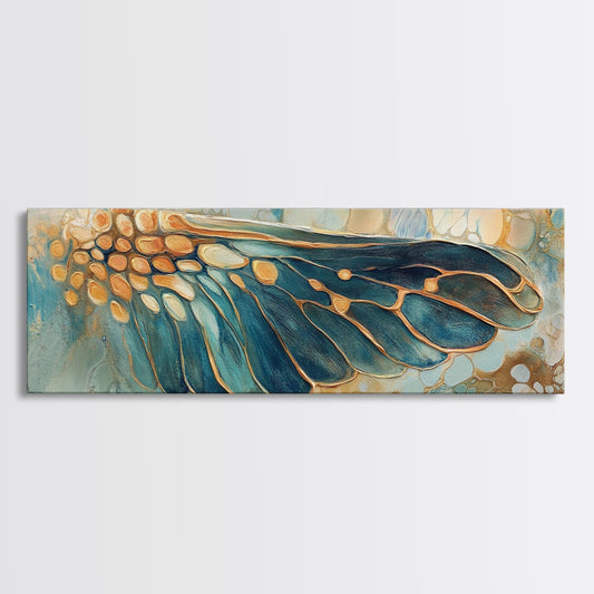 Elegant Butterfly Wing Abstract Art, Blue and Gold Nature Painting, Modern Minimalist Artwork, Bedroom or Office Wall Decor