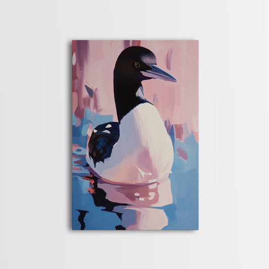 Loon Bird, Lake Wildlife Art, Nature Waterfowl Painting, Framed Canvas Print, Cabin Wall Decor, Rustic Outdoor Theme