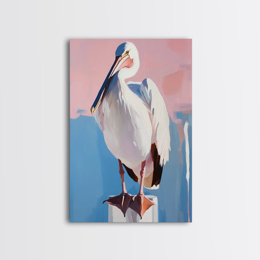 White Pelican, Coastal, Bird Art, Pastel, Beach House, Nature, Wildlife, Serenity, Aesthetic, Light Blue, Living Room, Canvas Print