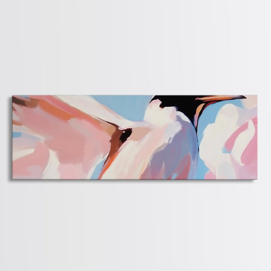 Soaring Seabird Art, Coastal Bird Print, Minimalist Wildlife Art, Pastel Sky Painting, Large Canvas Print, Beach House Decor, Bedroom Art