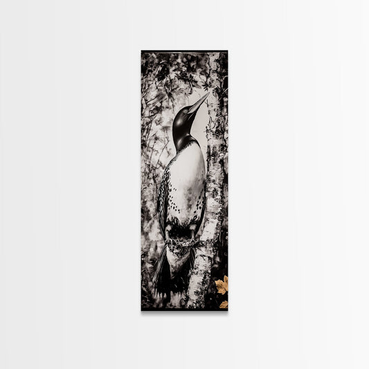Loon and Birch, Woodland Wildlife Art, Black and White Bird Print, Canvas Print, Rustic Cabin Decor, Nature Inspired Wall Art