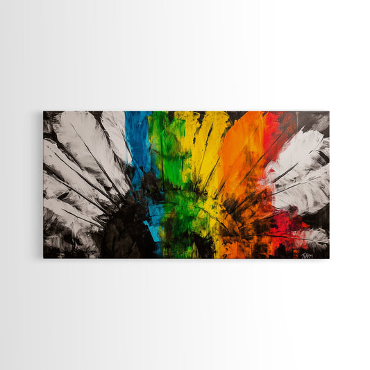 Rainbow Feathers, Colorful Abstract Art, Boho Wall Decor, Native American Inspired, Framed Canvas Print, Large Wall Art