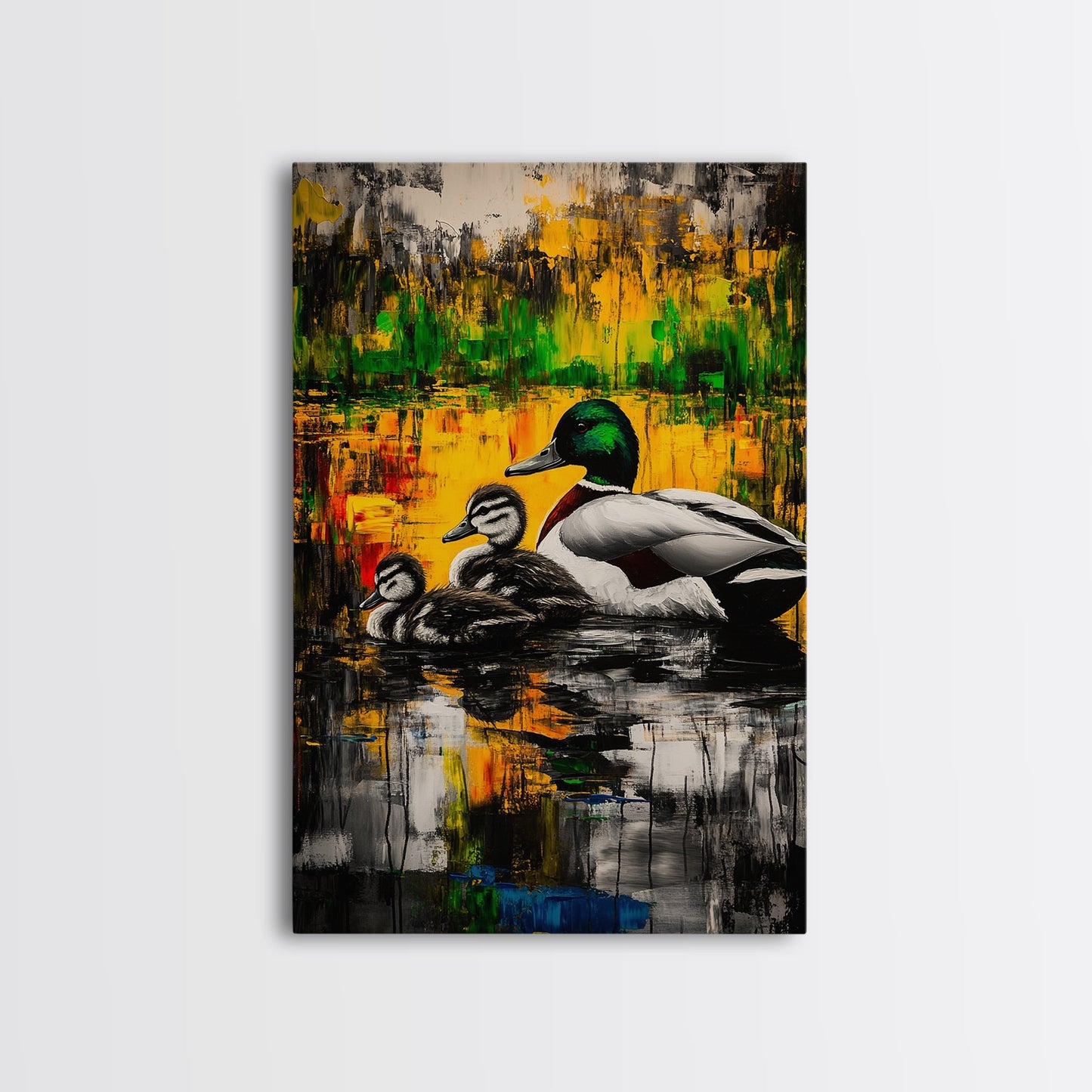 Ducks Pond Nature, Framed Canvas Print, Wildlife Art, Vibrant Watercolor Style, Rustic Wall Decor, Country Home Art, Gift Idea