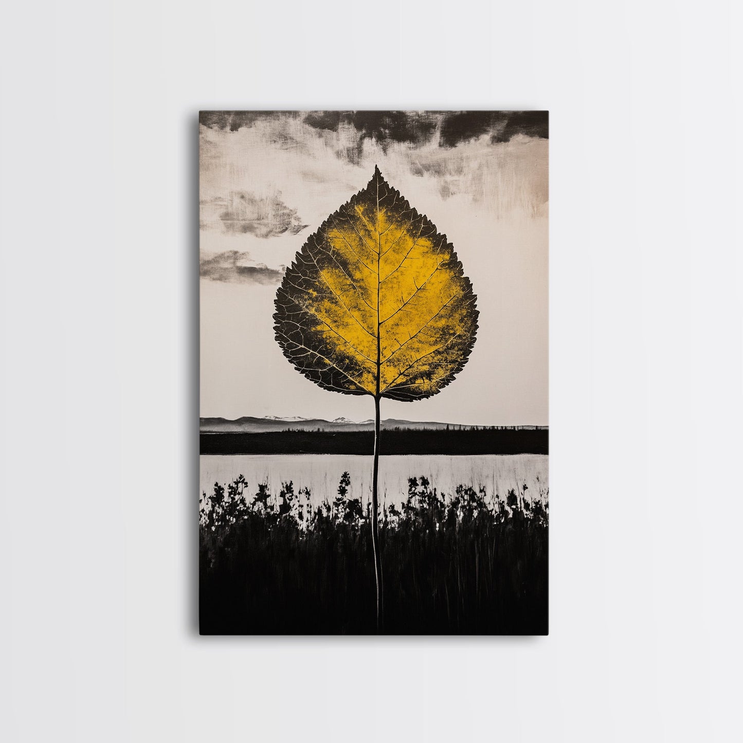 Golden Leaf, Minimalist Nature, Autumn Wall Art, Botanical Decor, Framed Canvas Print, Living Room Art, Black and White, Nature Print