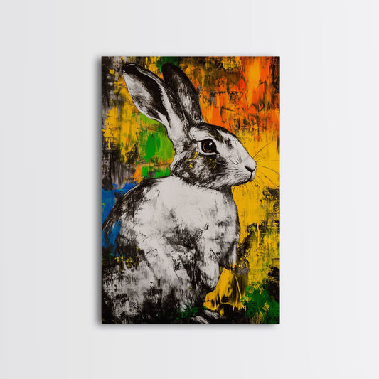 Vibrant Rabbit Portrait, Colorful Animal Art, Abstract Bunny Painting, Fall Farmhouse Decor, Rustic Nature Gift, Canvas Print