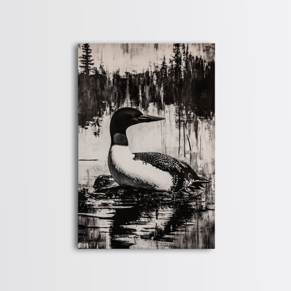 Loon, Lake Reflection, Nature Wall Art, Framed Canvas Print, Black and White Art, Minimalist Decor, Cabin Wall Art, Rustic Home