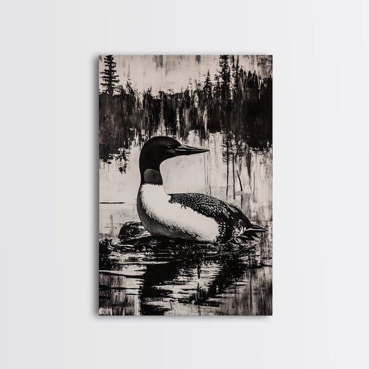 Loon, Lake Reflection, Nature Wall Art, Framed Canvas Print, Black and White Art, Minimalist Decor, Cabin Wall Art, Rustic Home