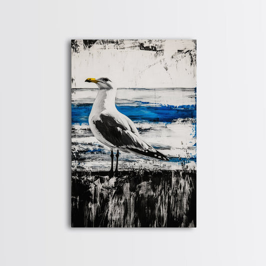 Seagull Painting, Coastal Bird Art, Ocean Wall Decor, Nautical Home Art, Blue and White Theme, Framed Canvas Print, Beach House Decor