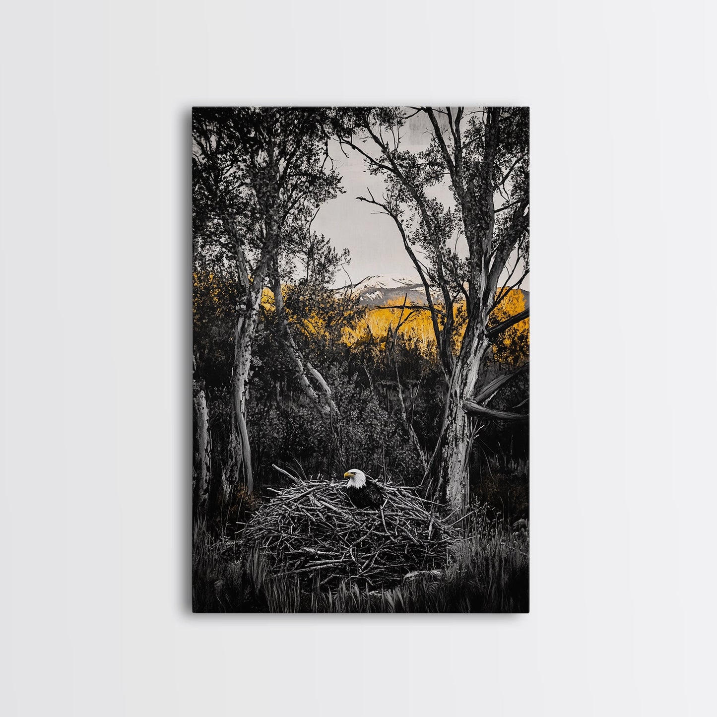 Bald Eagle Nest Art, Black White Forest, Yellow Fall Trees, Wildlife Nature Decor, Rustic Lodge Wall Art, Living Room Art, Canvas Print