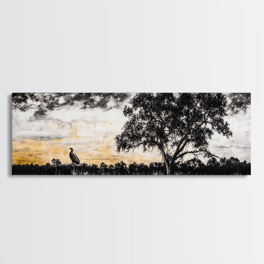 Lone Eagle and Tree, Dramatic Sunset Art, Wildlife Wall Decor, Rustic Nature Print, Framed Canvas Print, Office or Living Room Art
