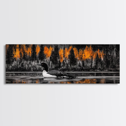 Autumn Lake, Wildlife Wall Art, Loon Bird Painting, Fall Nature Scene, Framed Canvas Print, Cabin Wall Art, Rustic Decor, Warm Fall Colors