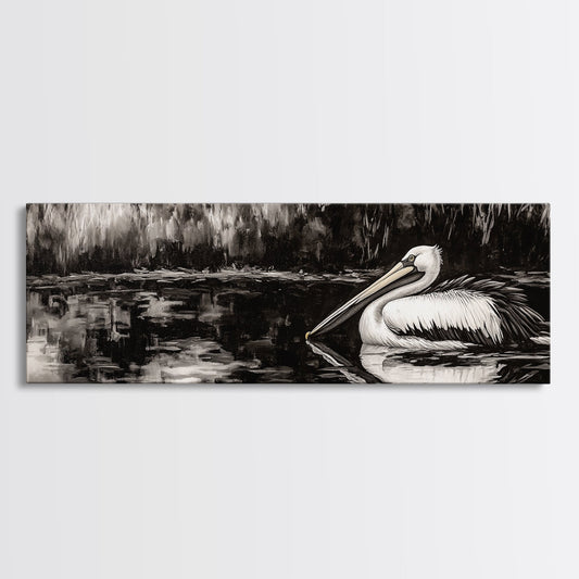 Pelican Reflection, Black White, Wildlife Art, Canvas Print, Nature Wall Art, Coastal Home Decor, Bird Lovers Gift, Monochrome Photography