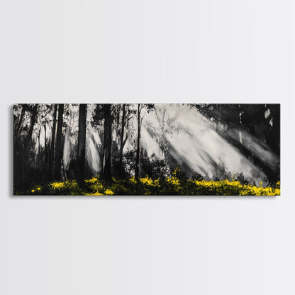 Sunbeam Forest Art, Black and White Painting, Abstract Landscape, Rustic Home Decor, Mystical Woods Artwork, Living Room Wall Art, Canvas Print
