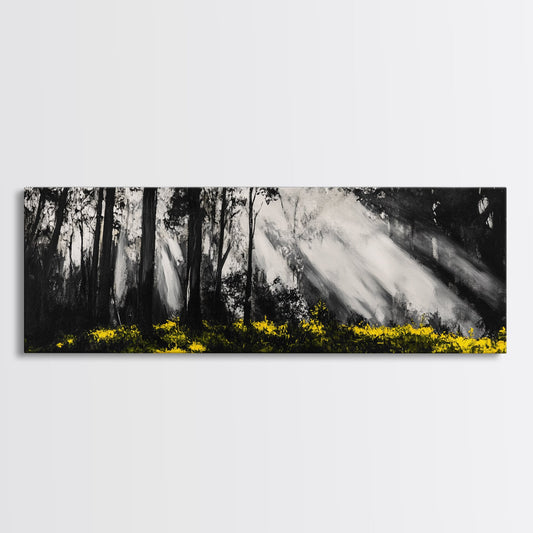 Sunbeam Forest Art, Black and White Painting, Abstract Landscape, Rustic Home Decor, Mystical Woods Artwork, Living Room Wall Art, Canvas Print
