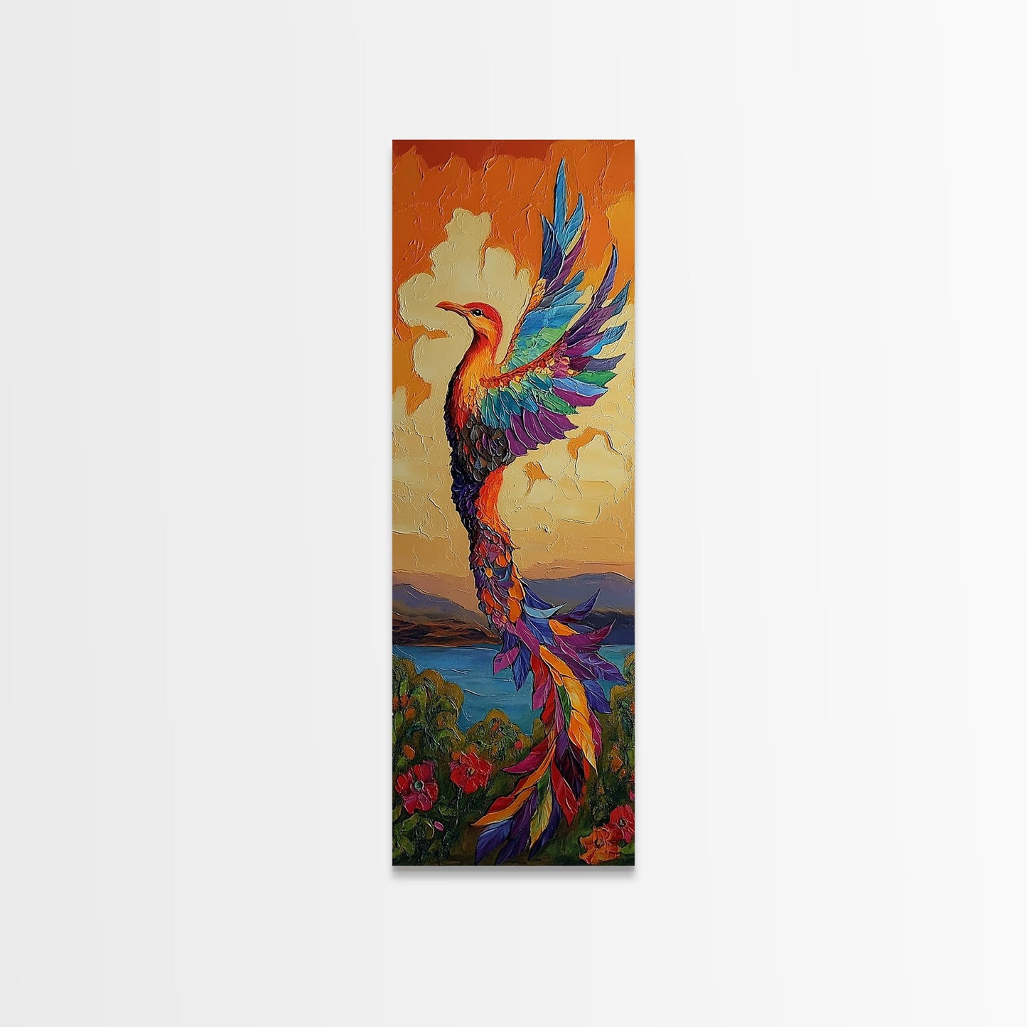 Phoenix Firebird, Sunset, Framed Canvas Print, Vibrant Mythical Wall Art, Boho Spirit Animal Decor, Bold Bedroom Statement Piece