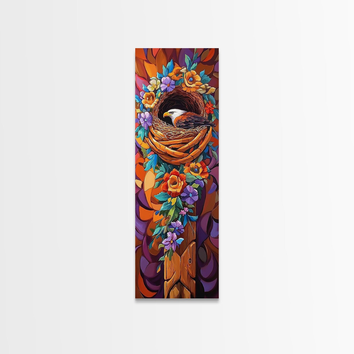 Eagle Nest, Floral Wreath, Nature Watch, Framed Canvas Print, patriotic wildlife wall art, rustic boho decor, cabin or lodge nature artwork