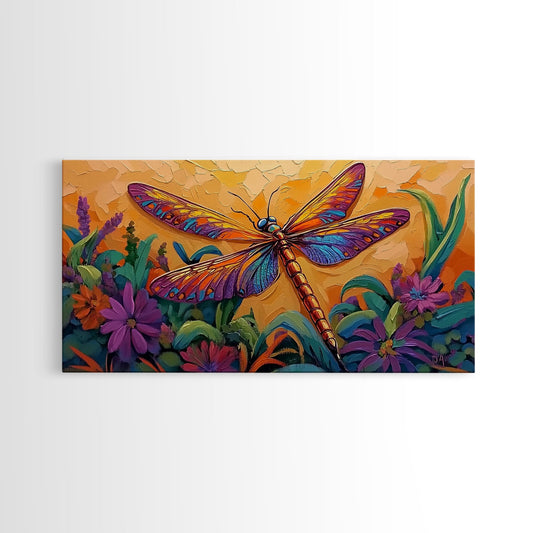 Dragonfly Garden, Sunset, Colorful Nature Canvas Print, Vibrant Insect Wall Decor, Boho Art Bedroom Accent, Summer Style