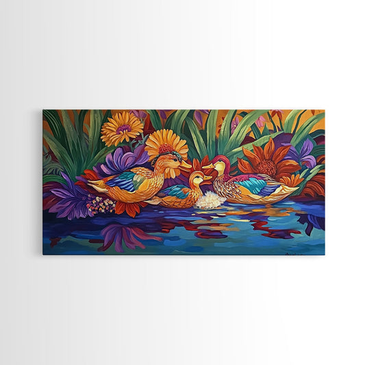 Ducks Pond, Garden, Colorful, Canvas Print vibrant wildlife art, nature scene painting, floral duck family decor, kitchen wall art