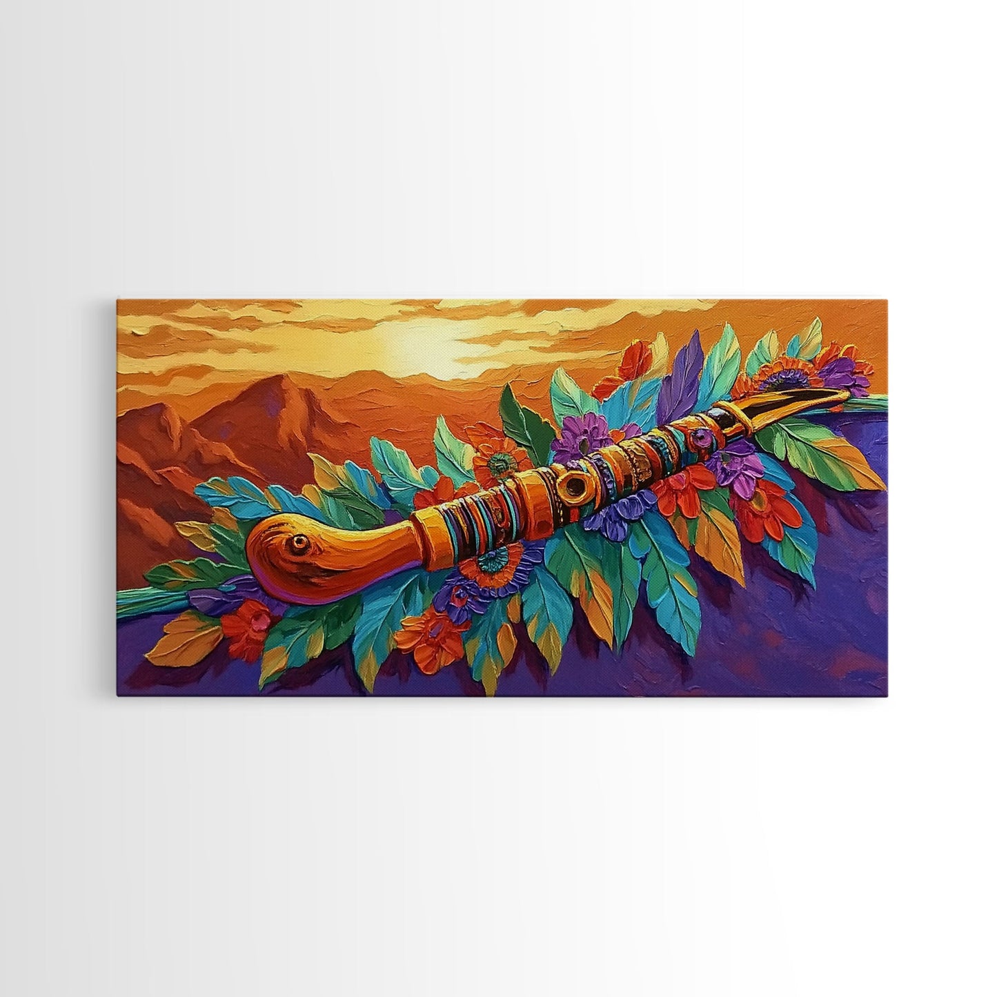 Native Flute, Flowers, Sunset, Framed Canvas Print, Spiritual Native American flute art with flowers and mountains, Boho Wall Art