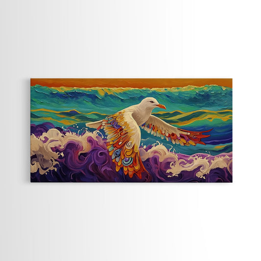 Seagull Ocean, Wings, Framed Canvas Print, Whimsical Bird Wall Art, Nautical Coastal Decor, Colorful Beach Painting, Boho Wall Art