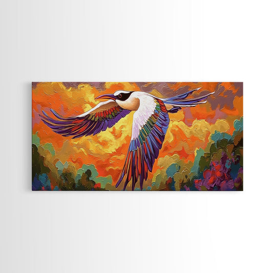 Tropical Bird, Sky, Sunset Colors, Framed Canvas Print, Bold Animal Art, Nursery Wall Decor, Colorful Wildlife Painting, Boho Vibe