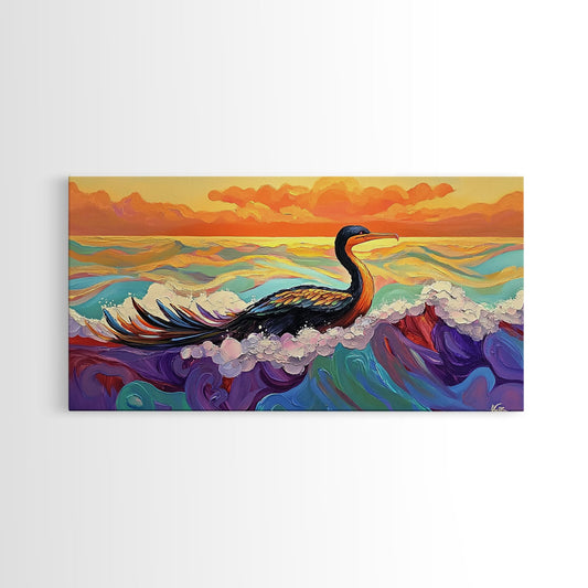 Ocean Bird, Sunset, Framed Canvas Print, Vibrant seabird in waves sunset seascape painting, Colorful Coastal Decor, Bathroom Wall Art