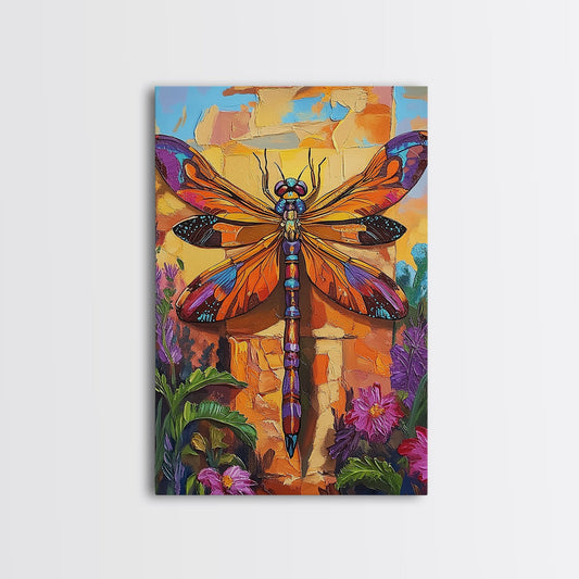 Dragonfly Floral, Bold, Nature, Framed Canvas Print, Boho dragonfly wall art, vivid nature insect painting, Bathroom or Entryway Art