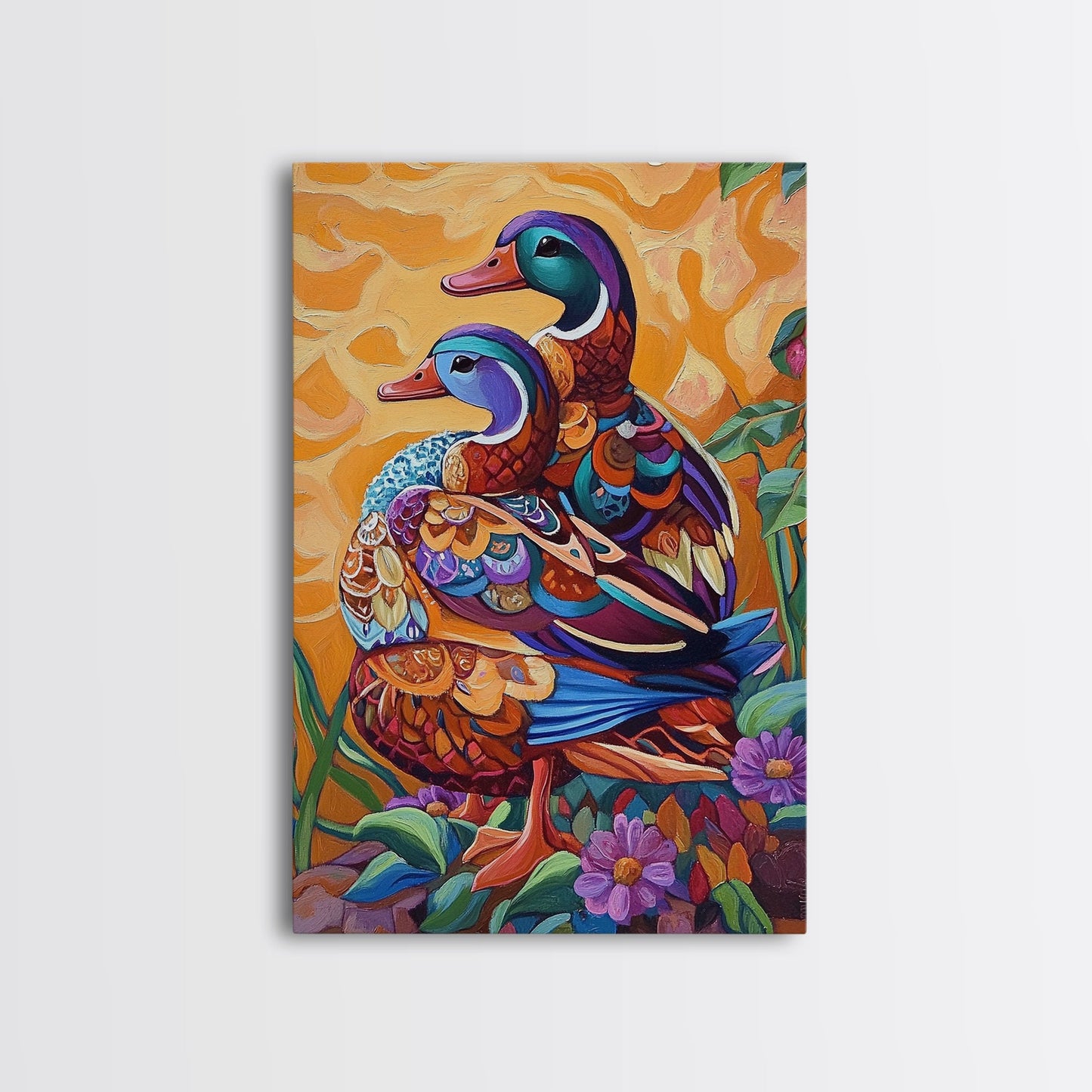 Ducks Colorful, Whimsical, Pair, Framed Canvas Print, Animal couple wall art, farmhouse nursery artwork, folk style bird painting