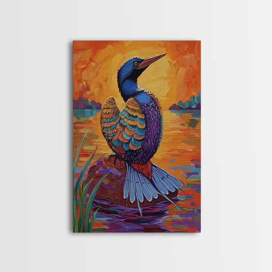 Rainbow Wings, Water, Bird Wall Art, Sunset Lake Painting, Cottagecore Home Decor, Nature Inspired Framed Canvas Print