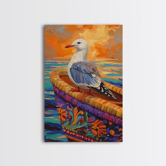 Seagull View, Coastal Bird, Sunset Sky, Ocean Perch, Framed Canvas Print, nautical bird art, hallway wall decor, seagull boho art
