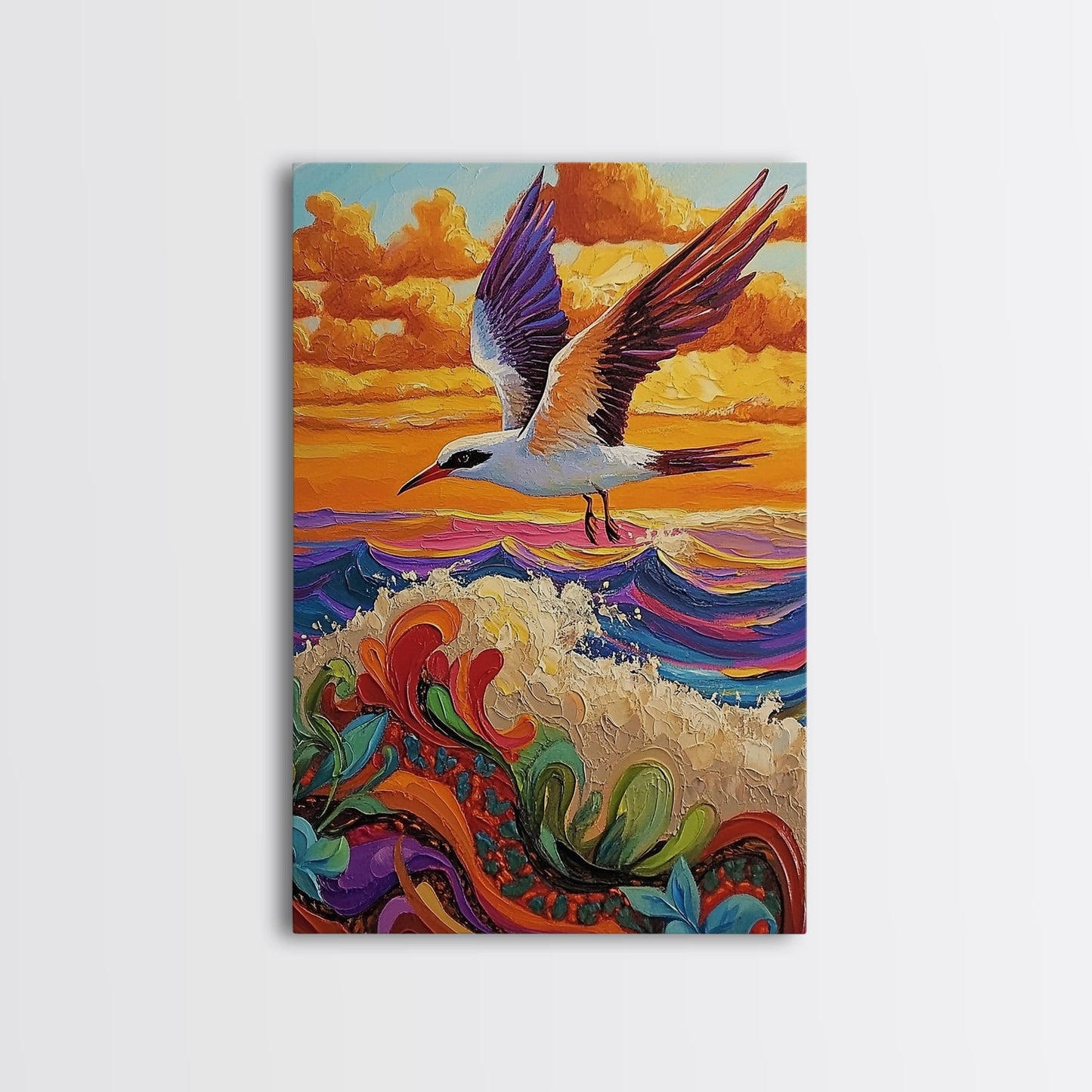 Flying Bird Sunset, Colorful Ocean Waves, Tropical Wildlife Art, Canvas Print, Boho Nature Decor, Fall Wall Accent, Vibrant Scene