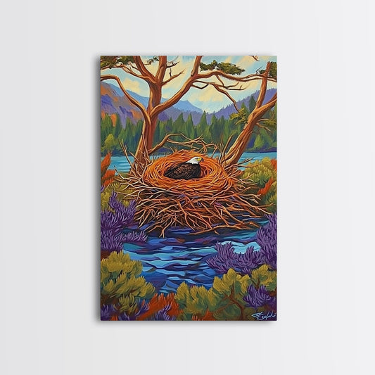 Eagle Nest, Forest, Lake, Canvas Print, rustic wildlife art, bald eagle decor, nature lodge wall art, cozy cabin Living Room theme