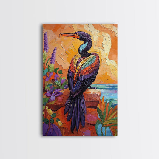 Bird, Tropical, Nature, Colorful, Framed Canvas Print, Exotic bird painting with vivid feathers, ideal eclectic living room wall art