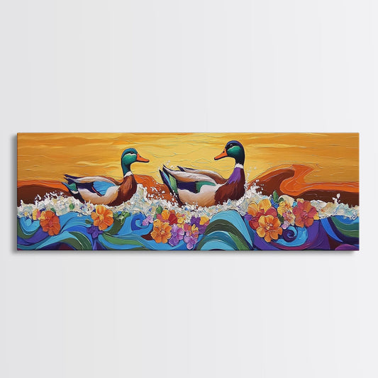 Ducks On Waves, Colorful Animal Art, Whimsical Sunset, Floral Ocean Scene, Canvas Print, Fun Kitchen Art, Kids Room Wall Art