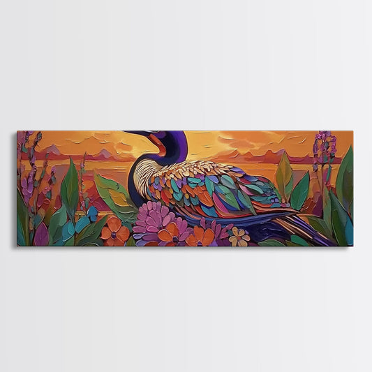 Sunset Bird, Floral Loon, Vibrant Nature, Colorful Wildlife, Canvas Print, cabin wall art, rustic boho art, birdwatcher gift